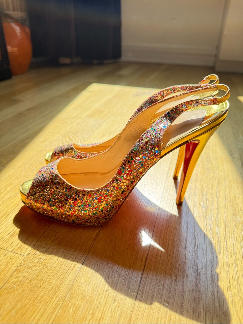 Christian Louboutin Multicolor Glitter Open-Toe Slingback Heels - Picture 2 of 5